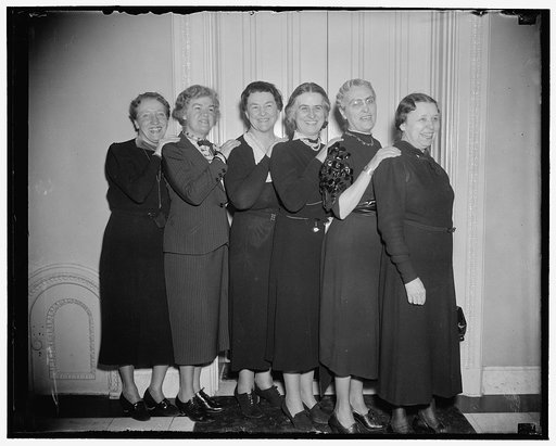 Ladies of 75th Congress. Washington, D.C., March 4. A rare picture is this one of the women members of the 75th congress who were photographed today following an informal luncheon in the Speaker's dining room at the Capitol. They are, left to right: Rep. Caroline O'Day of New York; Rep. Edith Nourse