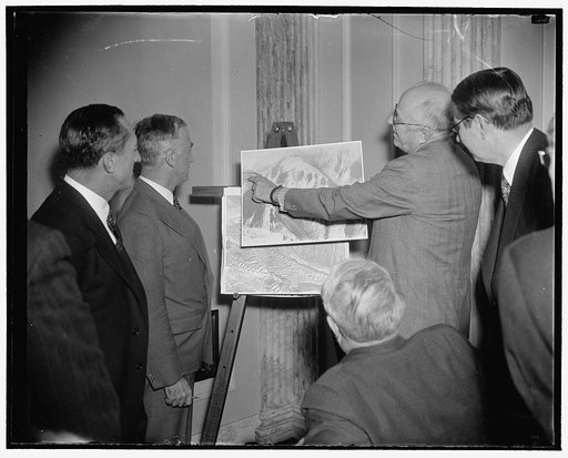 Senators see damage done by soil erosion. Washington, D.C., March 9. H.H. Bennett, Chief of the U.S. Soil Conservation Service, is shown describing to members of the Senate Unemployment and Relief Committee the great amount of damage done throughout the country by soil erosion. Bennett said that soi