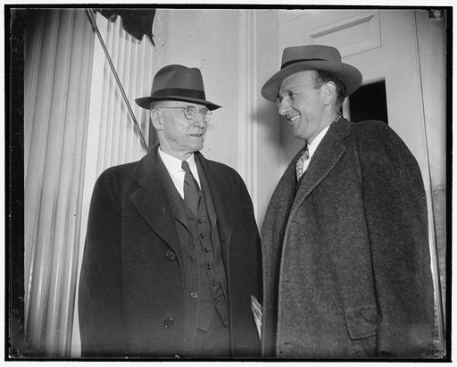 Arrive for TVA conference with president. Washington, D.C., March 11. Among the first for the Tennessee Valley Authority Conference with President Roosevelt today were members Harcourt A. Morgan (left) and David E. Lillienthal, 3/11/38
