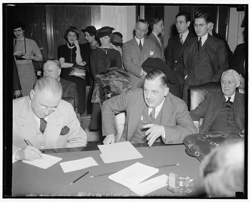Nominee for Assistant Attorney General questioned by senate committee. Washington, D.C., March 11. Thurman Arnold, nominee for Assistant Attorney General to succeed Robert H. Jackson, pictured as he was questioned by the Senate Judiciary Subcommittee this morning. He declared before the committee th