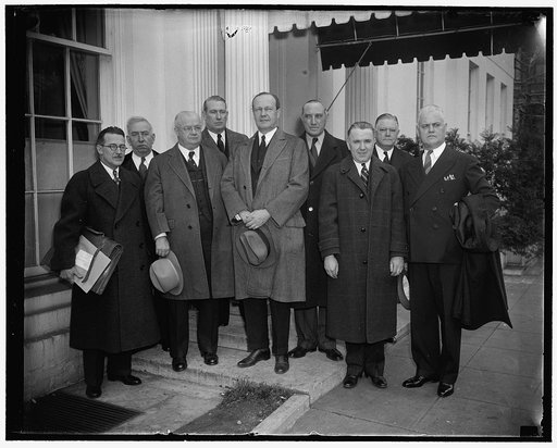 Left to right: Clayton Grandy, Cleveland; Cong. Martin L. Sweeney, Ohio; R.J. Gray, Wash. D.C.; James G. Caffery, Cleveland; Sen. Robert J. Bulkley, Ohio; D.W. Tracy, Wash., D.C.; Frank Carnahan, Wash., D.C.; Albert Delton, Cleveland; Joseph A. Mcinerney, Wash., D.C.
