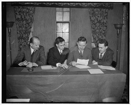 CIO group. L.-R: Albert Stonkus, Director of the Utilities Division, CIO; James B. Carey, President of the United Electrical Radio & Machine Workers of America; Julius Emsback[?], Secretary-Treasurer of U.E.R.& M.W. A.; James Mattes [?], Director of organization, U.E.R.M.W.A., 1/29/38