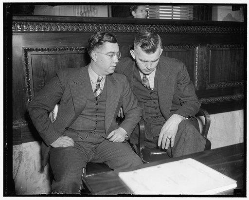 Testify before Senate Relief Committee. Washington, D.C., Mar. 7. Roy Franklin, left, business agent for Local #183, United Packing House Workers, and Ernest B. Jacobs, Pres. Of the same union, Austin, Minn. testified before the Senate Relief Committee today, both employees of the Hormel Packing Pla