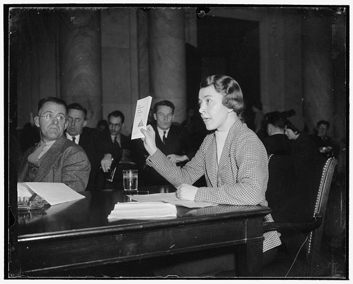True patriotism. Washington, D.C., March 10. Miss Myrtle Powell, Richmond, VA., today told the Senate Education and Labor Subcommittee that she would "defend America against all aggressors against our democracy." The statement was made shortly after Carl Ross, Executive Secretary of the Young Commin