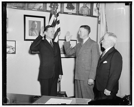 New Chief of Cavalry takes oath. Washington, D.C., March 26. Maj. Gen, John K. Herr was today sworn in as Chief of U.S. Cavalry, succeeding Maj. Gen. Leon B. Kromer, whose term of office expired. In the photograph, left to right: Maj. Gen. Allen W. Cullion, Judge Advocate General; Gen John K. Herr a