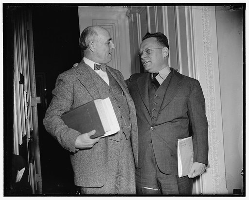 Pro and con. Washington, D.C., March 28. Fiery Rep. Maury Maverick (right) of Texas, today started a House revolt against Senate Majority Leader Barkley's resolution for an investigation of the Tennessee Valley Authority. He declared the Senate resolution is the foundation for a "purge trial" to get