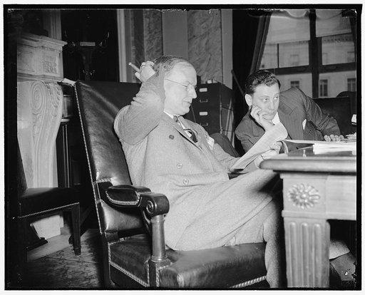 Montana Senator. Washington, D.C., March 31. Senator Burton K. Wheeler of Montana, Chairman of the Senate Interstate Commerce Committee, pictures as he presided at a meeting of the Committee today, 3/31/38