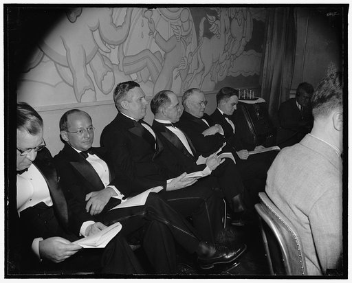Labor broadcast for Chester Wright. Group of speakers seated, L-R: John Baer, Isador Lubin, Wm. Green, Rep. Robert Ramspeck of Geo., Federal Labor Radio Show