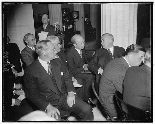Officials at opening of Federal Reserve Bldg., Oct 15, 1937. Wayne C. Taylor, Asst. Secy. of Treasury; Roy C. Young, Pres. of Fed. Reserve Bank of Boston; Henry Morgenthau, Secy. of Treasury; John K. McKee, member of Board of Governors of Fed. Reserve System.
