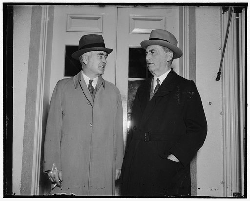 Construction of new battleships to start this year. Washington, D.C., April 8. Following a conference with president Roosevelt today, Assistant Secretary of the Navy Charles Edison (left) and Rear Admiral William D. Leahy, Chief of Naval Operations, Announces that construction of the new battleships