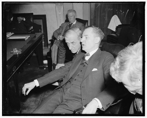 Off-the record answers Washington, D.C., April 8. Maj. Gen. Smedley D. Butler, one-time Commander of the U.S. Marines, gives a few off-the-record answers to Senator Homer T. Bone, (right) member of the Senate Naval Affairs Committee before which Butler appeared today to oppose the $1,121,000,000 Nav