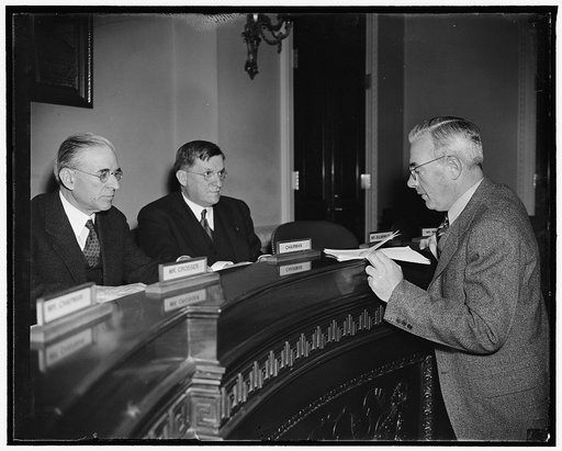 Left to right, Rep. Clarence F. Lea, D. Calif.; Rep. Alfred Bulwinkle, D. N.C.; Dr. Thomas Parran, Chief of the U.S.P.N.S.