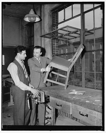 Adrian Dornbush and chair, 4/13/38. Housley, 1708 R, N.W., Edw. Hadley. Cedar Rapids Gazette