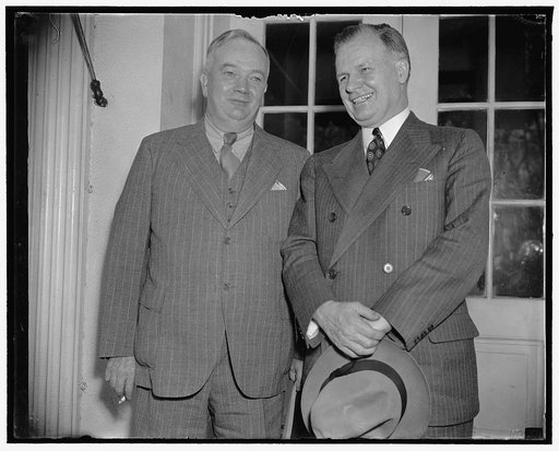 Californians see president. Washington, D.C., April 15. Argyle Campbell, left Democratic State Chairman of California and J.F.T. O'Connor, who is running for the Governorship of California, photographed as they left the White House after getting the best wished of the President, 4/15/38