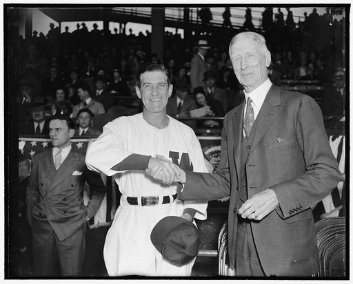 Just another handshaking. Washington, D.C., April 18. The traditional handshaking was repeated today as Bucky Harris and Connie Mack gripped each other just before their teams went into action to pry the lid off the 1938 baseball season in the National Capitol, 4/18/38