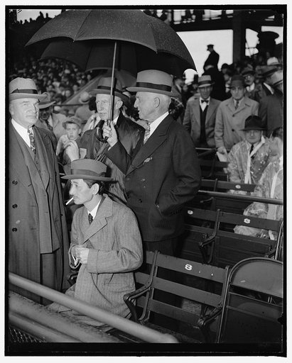 See season's opener. Washington, D.C., April 18. Precedence and politics were off their mind today as the nation's lawmakers, government officials, and diplomats attended today's opening game of the 1938 baseball season between the Washington Senators and the Philadelphia Athletics. Here we see, lef