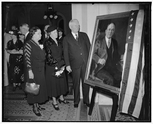 Robinson portrait unveiled. Washington, D.C., April 20. A portrait of the late Senator Joseph T. Robinson, Majority Leader of the Senate, was unveiled at the Capitol today by Vice President Garner. The painting will be hung on the Senate side of the Capitol. In the photograph, left to right: Vice Pr
