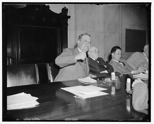 Senate investigates the cotton industry. Washington, D.C., April 25. Senator Ellison D. "Cotton Ed" Smith, of S.C. and Chairman of the Senate Agriculture Committee threatens to adjourn cotton investigation hearings, unless witnesses keep personalities out of hearings, 4/25/38