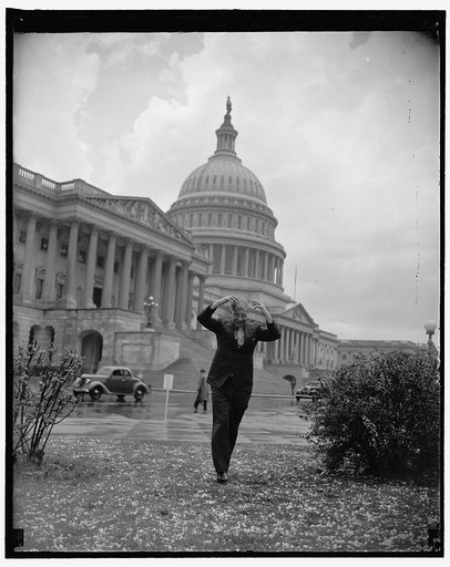 Freak hail storm hits Capitol. Washington, D.C., April 29. A freak rain storm, bringing down pellets of hail as large as moth balls, descended on the Capitol today. The hail pellets pierced cloth auto tops as if they were made of paper-mache. Rep. Pat Boland of Pennsylvania, House Whip, is pictured 