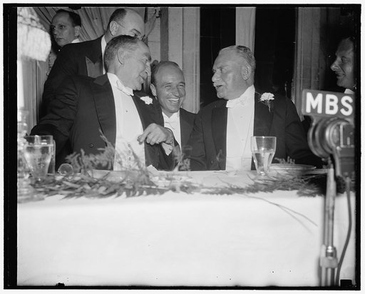 Sentenced tax commissioner to make personal appeal to President Roosevelt. Washington, D.C., May 10. Speaker William B. Bankhead was the principal speaker at the convention banquet of the B'nai B'rith last night at the Willard Hotel. He is pictured with james Roosevelt and Alfred M. Cohen, President