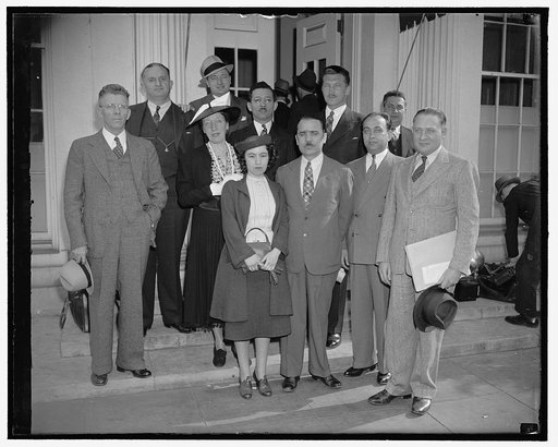 North American Democratic Hungarian Federation. Front row, left to right: Joe Kiss; Rep. John T. Bernard and Joseph Brownfield. 2nd row, left to right: Rep. Henry T. Teigan; Rep. Caroline O'Day. Rear row, left to right: Rep. John M. Coffee; Rep. Jerry O'Connell; Irwing Eisner; Rev. Imre Kovacs and W