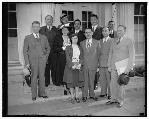 North American Democratic Hungarian Federation. Front row, left to right: Joe Kiss; Rep. John T. Bernard and Joseph Brownfield. 2nd row, left to right: Rep. Henry T. Teigan; Rep. Caroline O'Day. Rear row, left to right: Rep. John M. Coffee; Rep. Jerry O'Connell; Irwing Eisner; Rev. Imre Kovacs and W