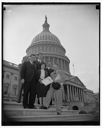 North American Democratic Hungarian Federation. Left to right: Joseph Brownfield; William Schick; Rev. Imre Kovacs; Mrs. Joe Kiss; Irwing Eisner and Joe Kiss, 5/10/38