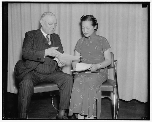 A.F. of L. Head and daughter of Chinese Ambassador to appeal for relief for Chinese Citizens. Washington, D.C., May 13. President William Green of the American Federation of Labor and Miss Yoeh E. Wang, daughter of the Chinese Ambassador, discuss the relief of suffering Chinese civillians, as they p