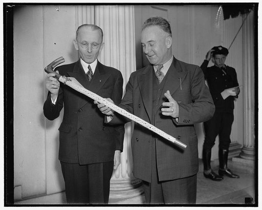 Cactus Cane gift to the President. Washington, D.C., May 16. A cane, made from Arizona Cholla Cactus, was today presented to President Roosevelt as a gift from the Disabled War Veterans in Veterans Hospital at Tucson, Arizona. Roland M. James, (left) Chairman of the Tucson Allied Veterans Committee,