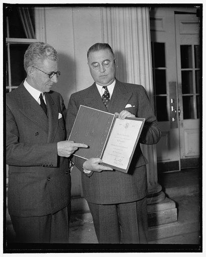 Invites president to New Rochelle for 250th Anniversary. Washington, D.C., May 16. Rep. Ralph Gambel of New York, (left) and Walter G.O. Otto, former mayor, today invited President Roosevelt to attend the celebration of the 250th anniversary of the founding of New Rochelle, N.Y. by the Hugenots. The