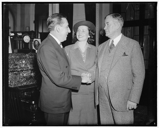 The victor returns. Washington, D.C., May 16. Victorious in the recent Florida primaries, U.S. Senator Claude A. Pepper returned to the Capitol today with Mrs. Pepper. They are being greeted in this photograph by Senate Majority Leader Alben Barkley. (right)