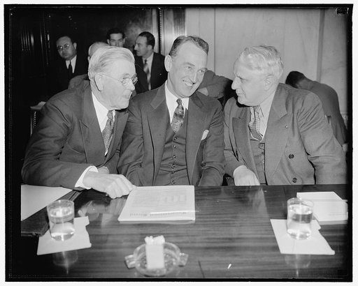 Congressional TVA interrogators. Washington, D.C., May 25. Principal interrogators of Dr. Arthur E, Morgan, deposed Tennessee Valley Authority Chairman who was the first witness before the Joint Congressional Investigating Committee today, were, left to right: Senator Vic Donahey, Chairman; Rep. Jam