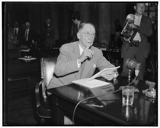 Testifying before TVA Joint Congressional Committee. Washington, D.C., May 26. Dr. Harcourt A. Morgan, Chairman of the T.V.A., telling the TVA Investigations Committee that Dr. Arthur E. Morgan, deposed Chairman, lied to secure an absolute personal "veto power" over all board decisions, and convened