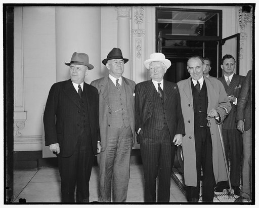 Congressional leaders leaving the White House Tuesday after a conference with President Roosevelt following his return from Hyde Park. Left to right: House Majority leader Sam Rayburn, Senate Majority Leader Alvin W. Barkley, Vice President Garner, and Speaker William B. Bankhead, 6/1/38