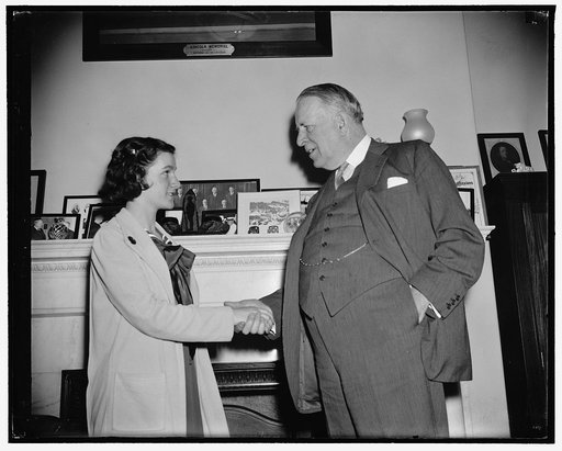 Sen. David Walsh greeting Jean Angelo, spelling bee contestant. Council for Wooster Selegman, 6/1/38