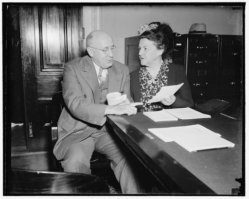 Chairmen Wage-Hour conferences hopeful of early passage to permit adjournment. Washington, D.C., June 3. Senator Elbert Thomas, of Utah and Rep. Mary Norton, of New Jersey, Chairman of the Senate and House Wage-Hour Bill conferees, respectively, held frequent conferences today and announced they wer