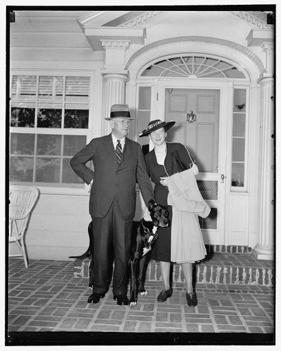 Sec. Ickes and bride return from honeymoon. Washington, D.C., June 22. Returning from their European honeymoon to the Ickes country estate home near here today, Secretary on Interior Harold Ickes and his bride of a few weeks were greeted by "Sooner," great dane pet of the Secretary, 6/22/38