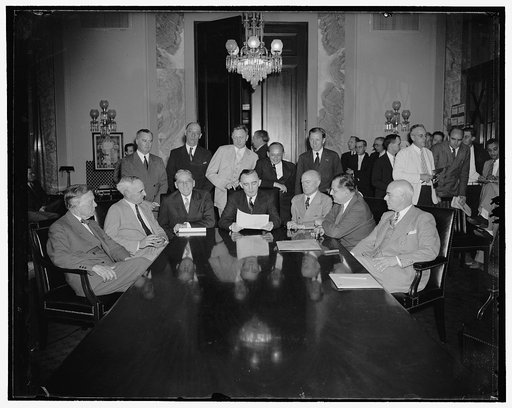 Congressional monopoly committee holds initial meeting. Washington, D.C., July 1. The Congressional Executive Committee to investigate monopolies held their first meeting today and charted a course designed to determine the efffect of concentrated wealth and power on business. Pictured, left to righ
