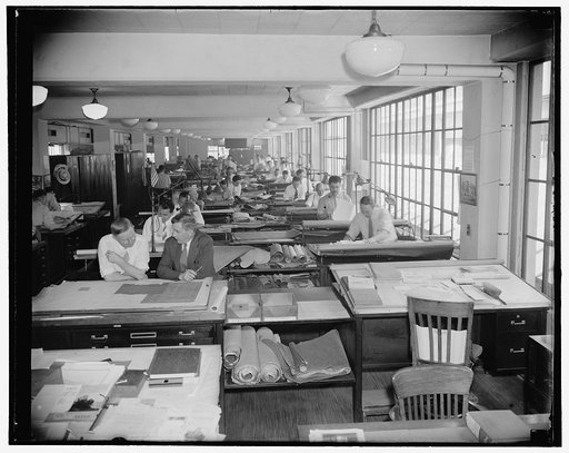 Drawing plans for the new building program. Washington, D.C., June 6. A general view of the Treasury Department's Procurement Division showing architects at work drawing plans for the new building program under the recently approved Relief-Recovery Act. Blueprints at the rate of 30,000 a day are bei