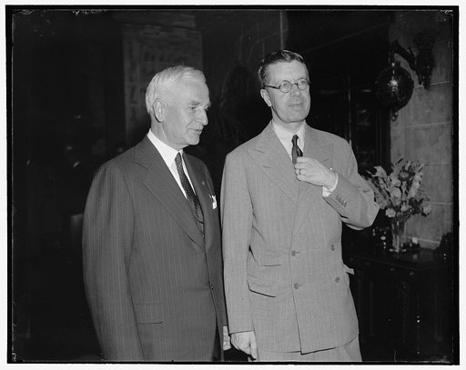 Corwin Prince meets Sec. of State Hull. Washington, D.C., July 12. Sec. of State Cordell Hull, left; with Crown Prince Gustaf Adolf of Sweden, snapped as the left the dining room of the Carlton Hotel, where Mrs. Hull entertained for the royal couple, the Prince is traveling incognito while in this c