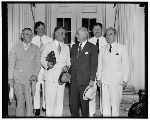 Civil Aeronautics Authority makes first official visit to the White House. Washington, D.C., Sept. 1. The newly created Civil Aeronautics Authority paid it's first visit to the White House today in it's official capacity to report to the president about the progress of the commission. Left to right;
