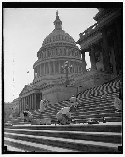 Won't be long now! Washington, D.C., Sept. 22. Although Congress will not convene until next January, workmen are already putting the Capitol in tip-top shape. Workmen are pictured repairing the steps on the Senate side of the building, 9/22/38