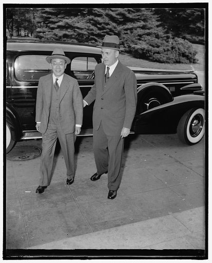 Advisor to Chinese Finance Minister White House visitor. Washington, D.C., Oct. 13. K.P. Chen, left; entering the White House today with Sec. of the Treasury Henry Morgenthau, Chen, is heading a special Chinese Financial Mission, which is in this country seeking to widen its current silver agreement