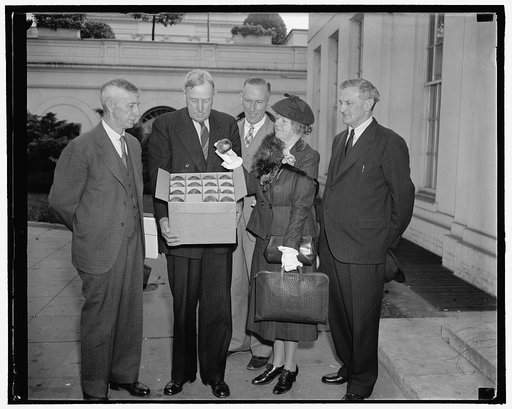 Apples for the President. Washington, D.C., Oct 13. A delegation of New England farmers, headed by Congresswoman Edith Nourse Rogers, visited the president today and presented him with a box of Macintosh apples. While presenting him with the apples they also asked for relief of 25,000 farmers whose 
