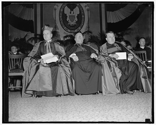 Golden Jubilee Year at Catholic University. Washington, D.C., Oct. 12. Catholic University of America, today began its Golden Jubilee-- celebrating fifty years of progress from a small college in rural Brookland, DC, in 1878. Among the noted visitors who attended were left to right; The Apostolic De