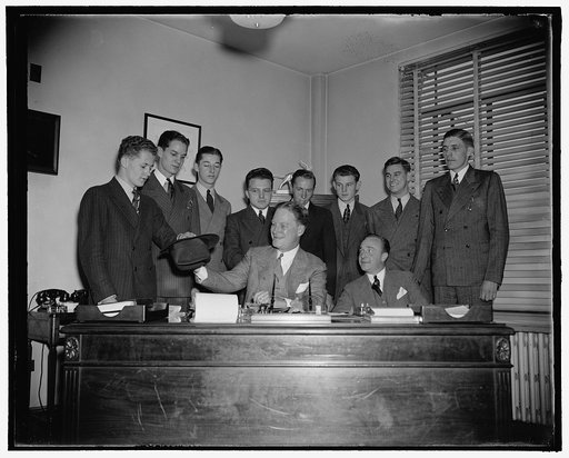 Finalists in Young Republicans Oratorical Contest draw for places. Washington, D.C., Nov. 1. Seven Young Republicans from scattered parts of the country, who will compete tonight in the finals of the Young Republican National Federation Nationwide 15,000 Dollar oratorical contest, were received by C
