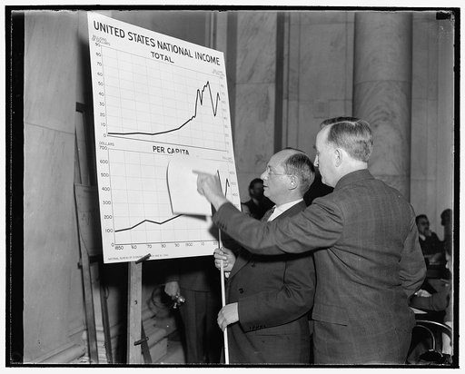 $119,000,000,000 lost to American wage earners during nine years of unemployment. Washington, D.C., Dec. 1. Questioned by Senator Joseph C. O'Mahoney, right, Co-chairman of the Joint Monopoly Committee, Isador Lubin, Commissioner of Labor Statistics, U.S. Depart. Of Labor, explains with a special ch