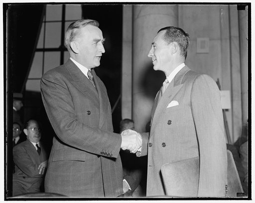 Monopoly Chairman greets Edsal [i.e. Edsel] Ford. Washington, D.C., Dec. 5. Chairman of the Monopoly Committee Joseph C. O'Mahoney, left, greets Edsal [i.e. Edsel]  Ford, President of the Ford Motor Co., as he arrives to appear before the Committee. Ford's testimony took up most of the day's hearing