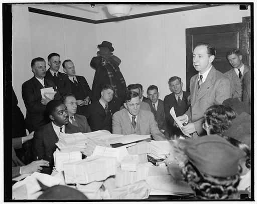 WPA workers protest relief cuts. Washington, D.C., Dec. 15. WPA workers from 26 states, head by David Lasser, President of the Workers Alliance, today protested to Assistant Administrator Aubrey Williams the recent cuts in relief. Their kicks were against the current wage scales, geographical wage d