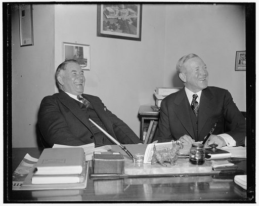 No discord here. Washington, D.C., Dec. 29. Perfect harmony was in order today when Senate Majority Leader Alben W. Barkley, left, discussed final details for the opening of Congress on January 3, with Minority Leader Charles L. McNary of Oregon, 12/29/38